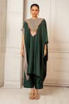 Oshi By Shikha_Green Silk Hand Embroidery Floral Round Asymmetric Kaftan With Pant _at_Aza_Fashions