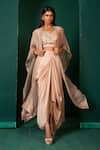 Buy_Oshi By Shikha_Beige Cape Silk Organza Hand Embroidery Beads Marori Slit And Draped Skirt Set _at_Aza_Fashions