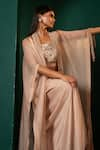 Buy_Oshi By Shikha_Beige Cape Silk Organza Hand Embroidery Beads Marori Slit And Draped Skirt Set 