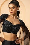 Quench A Thirst_Black Modal Satin Embroidery Sequin Sweetheart Cape Blouse And Dhoti Skirt Set _Online_at_Aza_Fashions