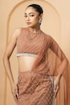 Quench A Thirst_Beige Georgette Embellished Crystal Round Neck Pre-stitched Saree With Blouse _Online_at_Aza_Fashions