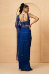 Shop_Quench A Thirst_Blue Georgette Embroidery Sequin Leaf Stripe Pre-stitched Saree With Blouse _at_Aza_Fashions