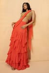 Buy_Quench A Thirst_Peach Georgette Embroidery Cutdana Round Pre-stitched Ruffle Saree With Blouse _Online_at_Aza_Fashions