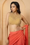 Shop_Quench A Thirst_Peach Georgette Embroidery Cutdana Round Pre-stitched Ruffle Saree With Blouse _Online_at_Aza_Fashions