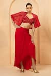 Buy_Quench A Thirst_Red Georgette Embroidery Sequin Cape Open Scallop Border Dhoti Skirt Set _at_Aza_Fashions