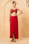 Quench A Thirst_Red Georgette Embroidery Sequin Cape Open Scallop Border Dhoti Skirt Set _Online_at_Aza_Fashions