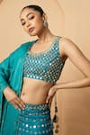 Shop_Quench A Thirst_Blue Modal Satin Embellished Mirror Round Neck Work Lehenga Blouse Set _Online_at_Aza_Fashions