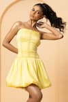 Quench A Thirst_Yellow Modal Satin Embroidery Cutdana Straight Neck Floral Stripe Corset Dress _Online_at_Aza_Fashions