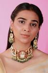 Shop_Riana Jewellery_Green Stones, Beads Peacock Carved Pendant Choker Set _at_Aza_Fashions