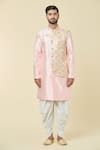 Buy_Arihant Rai Sinha_Pink Attached Jacket Jacquard Flower Vine Pattern Mock Kurta With Dhoti Pant _Online_at_Aza_Fashions