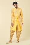 Arihant Rai Sinha_Yellow Kurta Silk Woven Floral Geometric Panel With Peshawari Pant _at_Aza_Fashions