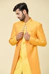 Buy_Arihant Rai Sinha_Yellow Kurta Silk Woven Geometric Panel With Peshawari Pant _Online_at_Aza_Fashions