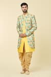 Arihant Rai Sinha_Yellow Kurta And Attached Jacket Silk Abstract Panel With Peshawari Pant _Online_at_Aza_Fashions