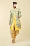 Buy_Arihant Rai Sinha_Yellow Kurta And Attached Jacket Silk Abstract Panel With Peshawari Pant _Online_at_Aza_Fashions