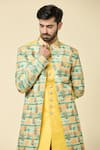 Shop_Arihant Rai Sinha_Yellow Kurta And Attached Jacket Silk Abstract Panel With Peshawari Pant _Online_at_Aza_Fashions