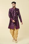 Buy_Arihant Rai Sinha_Wine Sherwani Jacquard Embroidered Thraedwork Border With Peshawari Pant _at_Aza_Fashions