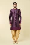 Arihant Rai Sinha_Wine Sherwani Jacquard Embroidered Thraedwork Border With Peshawari Pant _Online_at_Aza_Fashions