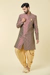 Buy_Arihant Rai Sinha_Red Sherwani Jacquard Woven Checkered With Peshawari Pant _at_Aza_Fashions