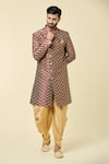 Arihant Rai Sinha_Red Sherwani Jacquard Woven Checkered With Peshawari Pant _Online_at_Aza_Fashions