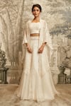 Buy_Prisho_Ivory Organza Embroidered Resham Cape Open Tonal Asymmetric Lehenga Set _at_Aza_Fashions