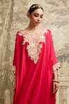 Shop_Prisho_Red Silk Resham V Neck Detailed Kaftan With Pant _at_Aza_Fashions