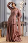 RAJ ARORA_Pink Georgette Embroidered Cutdana V Neck Crystal Kurta Sharara Set _at_Aza_Fashions