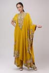 Buy_Anamika Khanna_Yellow Embroidery Floral Boat Kaftan And Pant Set _at_Aza_Fashions