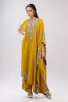 Anamika Khanna_Yellow Embroidery Floral Boat Kaftan And Pant Set _Online_at_Aza_Fashions