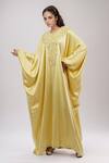 Buy Anamika Khanna Yellow Silk, Satin Embroidery V-neck Floral Kaftan Dress at Aza Fashions Buy_Anamika Khanna_Yellow Silk, Satin Embroidery V-neck Floral Kaftan Dress_at_Aza_Fashions