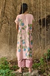 Shop_AAMRA BY LAVANYA_Pink Linen Silk Hand Painted Floral Sandrose Kalamkari Peacock Kurta With Pant _at_Aza_Fashions