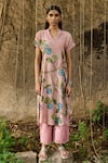 Shop_AAMRA BY LAVANYA_Pink Linen Silk Hand Painted Floral Sandrose Kalamkari Peacock Kurta With Pant _Online_at_Aza_Fashions