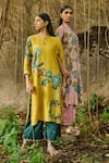 AAMRA BY LAVANYA_Pink Linen Silk Hand Painted Floral Sandrose Kalamkari Peacock Kurta With Pant _at_Aza_Fashions