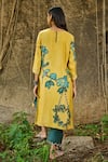 Shop_AAMRA BY LAVANYA_Yellow Linen Silk Hand Painted Floral Keyhole Kalamkari Parrot Kurta With Pant _at_Aza_Fashions