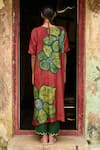 Shop_AAMRA BY LAVANYA_Maroon Linen Silk Hand Painted Bird Kalamkari Floral Oversize Kurta With Pant _at_Aza_Fashions