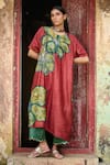 AAMRA BY LAVANYA_Maroon Linen Silk Hand Painted Bird Kalamkari Floral Oversize Kurta With Pant _Online_at_Aza_Fashions