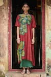 Buy_AAMRA BY LAVANYA_Maroon Linen Silk Hand Painted Bird Kalamkari Floral Oversize Kurta With Pant _Online_at_Aza_Fashions