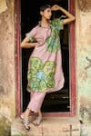 Buy_AAMRA BY LAVANYA_Pink Linen Silk Hand Painted Sandrose Kalamkari Floral Shirt Kurta With Pant _Online_at_Aza_Fashions