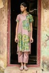 Shop_AAMRA BY LAVANYA_Pink Linen Silk Hand Painted Sandrose Kalamkari Floral Shirt Kurta With Pant _Online_at_Aza_Fashions