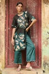 Buy_AAMRA BY LAVANYA_Black Linen Silk Hand Painted Bird Round Noir Kalamkari Floral Kurta With Pant _at_Aza_Fashions