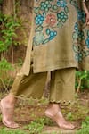 Shop_AAMRA BY LAVANYA_Green Linen Silk Hand Painted Floral V-neck Kalamkari Kurta With Pant _Online_at_Aza_Fashions