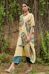 Shop_AAMRA BY LAVANYA_Ivory Linen Silk Hand Painted Paisley Kalamkari Oversize Kurta With Pant _Online_at_Aza_Fashions