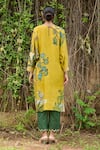 Shop_AAMRA BY LAVANYA_Yellow Linen Silk Hand Painted Birds Round Kalamkari Swinging Kurta With Pant _at_Aza_Fashions