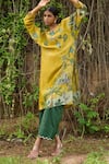 AAMRA BY LAVANYA_Yellow Linen Silk Hand Painted Birds Round Kalamkari Swinging Kurta With Pant _Online_at_Aza_Fashions