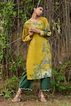 Buy_AAMRA BY LAVANYA_Yellow Linen Silk Hand Painted Birds Round Kalamkari Swinging Kurta With Pant _Online_at_Aza_Fashions