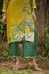 Shop_AAMRA BY LAVANYA_Yellow Linen Silk Hand Painted Birds Round Kalamkari Swinging Kurta With Pant _Online_at_Aza_Fashions