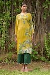 AAMRA BY LAVANYA_Yellow Linen Silk Hand Painted Birds Round Kalamkari Swinging Kurta With Pant _at_Aza_Fashions