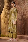 AAMRA BY LAVANYA_Brown Linen Silk Hand Painted Floral Blunt V Kalamkari Kurta Pant Set _Online_at_Aza_Fashions