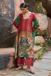 Buy_AAMRA BY LAVANYA_Maroon Linen Silk Hand Painted Sena Blunt V Kalamkari Kurta Set _at_Aza_Fashions