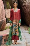 Shop_AAMRA BY LAVANYA_Maroon Linen Silk Hand Painted Sena Blunt V Kalamkari Kurta Set _Online_at_Aza_Fashions