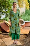 Shop_AAMRA BY LAVANYA_Green Georgette Printed Bandhani Blunt V Kaftan With Pant _Online_at_Aza_Fashions